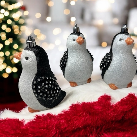 Penguin Ornaments Lot of 3 Tree Christmas Decorations Sparkles Glitter Embellish - Picture 1 of 12